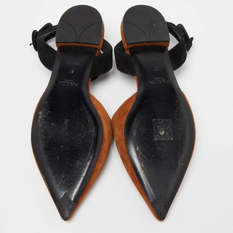Pre Owned Prada Brown Suede Pointed Toe Ankle Strap Flat Mules Size 37