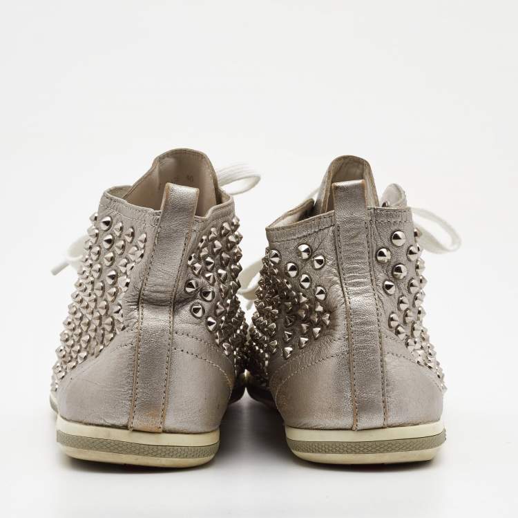 Pre Owned Prada Silver Leather Stud High Top Sneakers Size 40