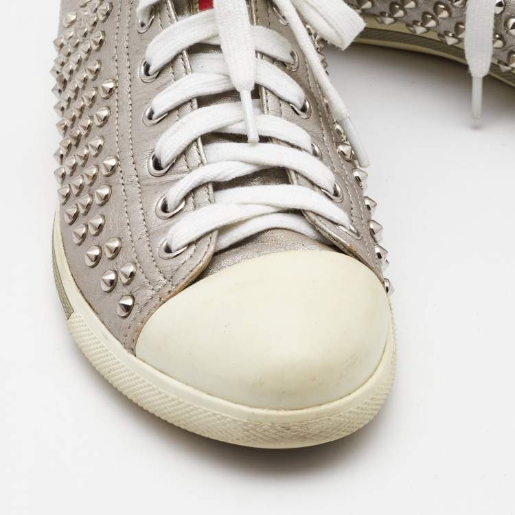 Pre Owned Prada Silver Leather Stud High Top Sneakers Size 40