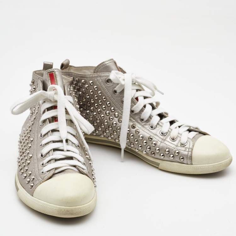 Pre Owned Prada Silver Leather Stud High Top Sneakers Size 40