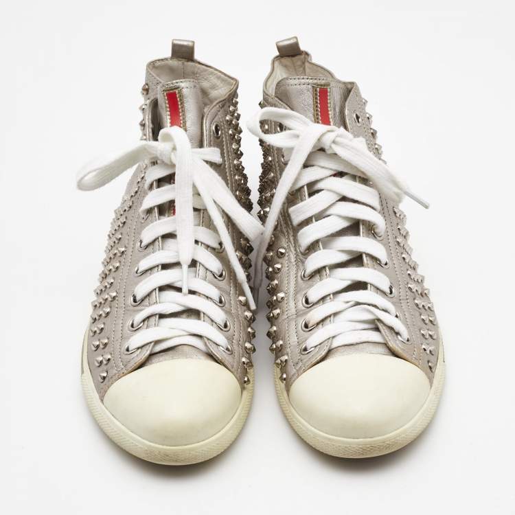 Pre Owned Prada Silver Leather Stud High Top Sneakers Size 40
