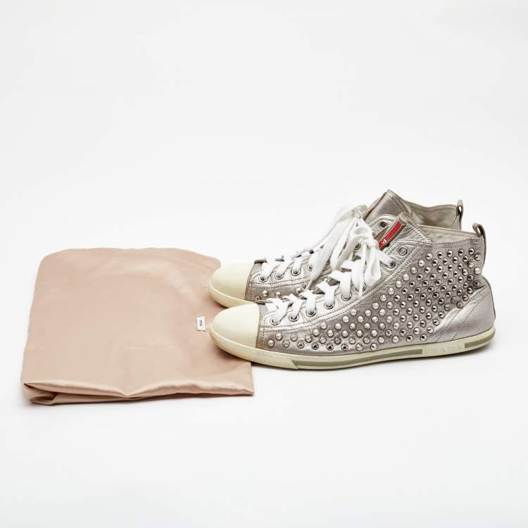 Pre Owned Prada Silver Leather Stud High Top Sneakers Size 40