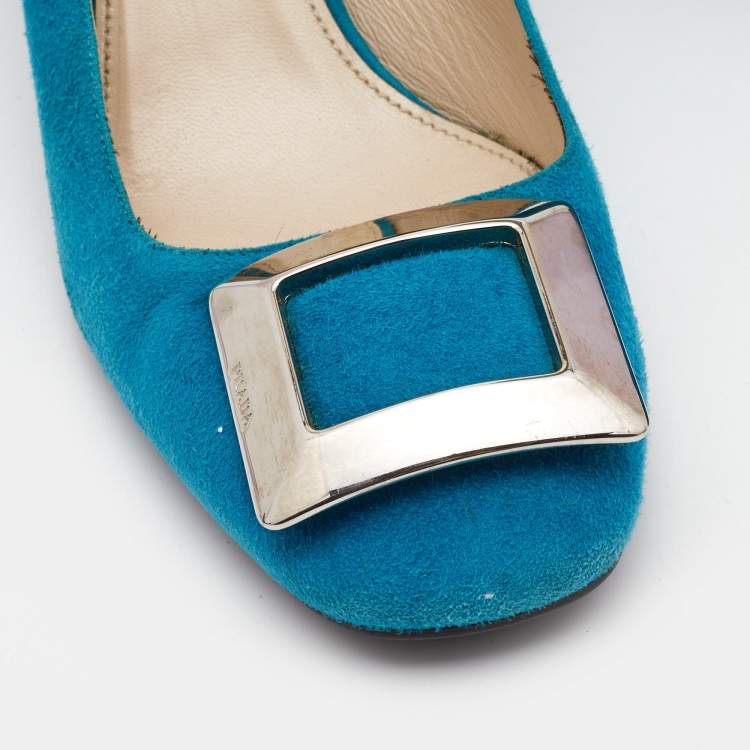 Pre Owned Prada Blue Suede Block Heel Pumps Size 39.5