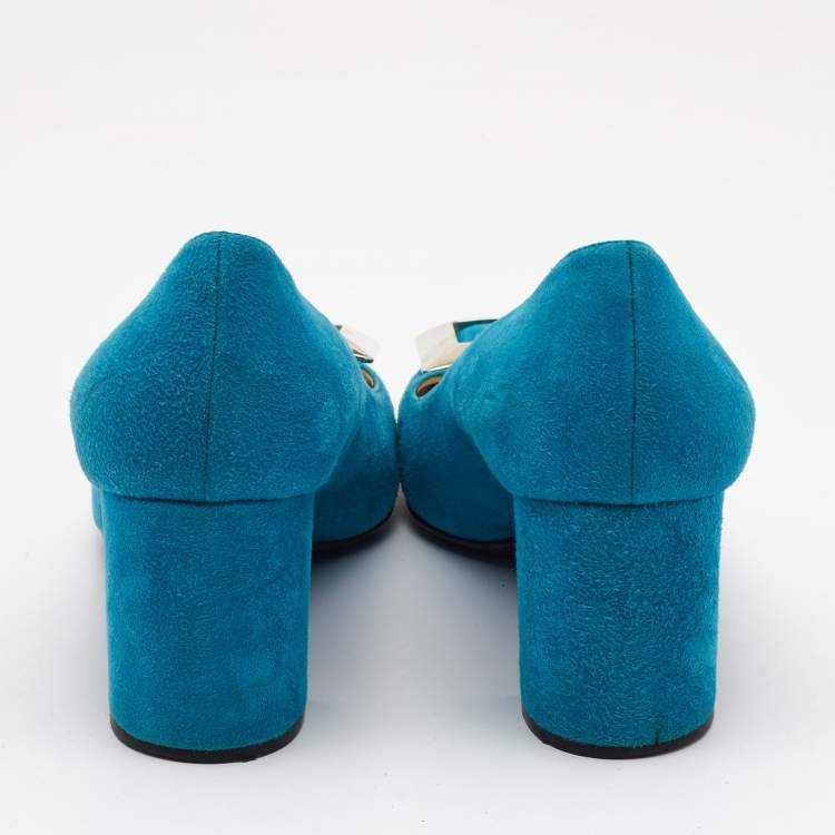Pre Owned Prada Blue Suede Block Heel Pumps Size 39.5