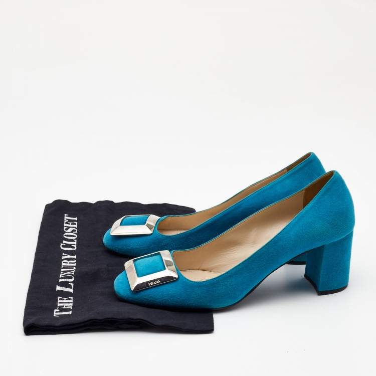 Pre Owned Prada Blue Suede Block Heel Pumps Size 39.5