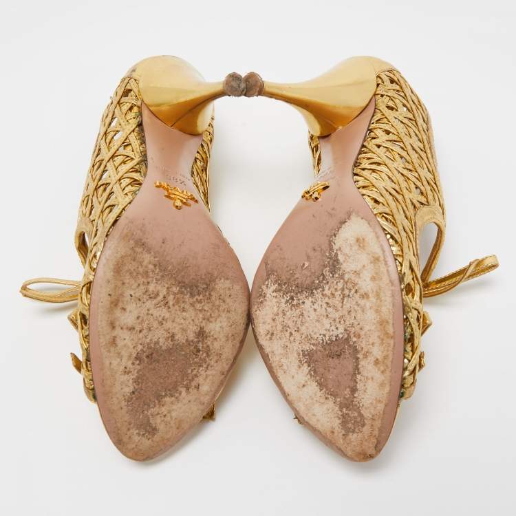 Pre Owned Prada Gold Leather Bow Open Toe Caged Sandals Size 38.5