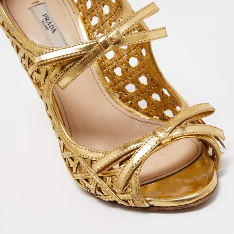 Pre Owned Prada Gold Leather Bow Open Toe Caged Sandals Size 38.5