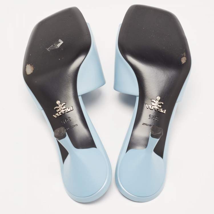 Pre Owned Prada Light Blue Leather Brushed Heel Slide Sandals Size 39.5