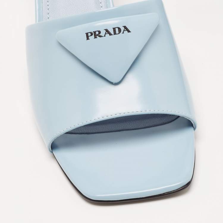 Pre Owned Prada Light Blue Leather Brushed Heel Slide Sandals Size 39.5