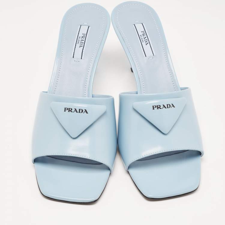 Pre Owned Prada Light Blue Leather Brushed Heel Slide Sandals Size 39.5
