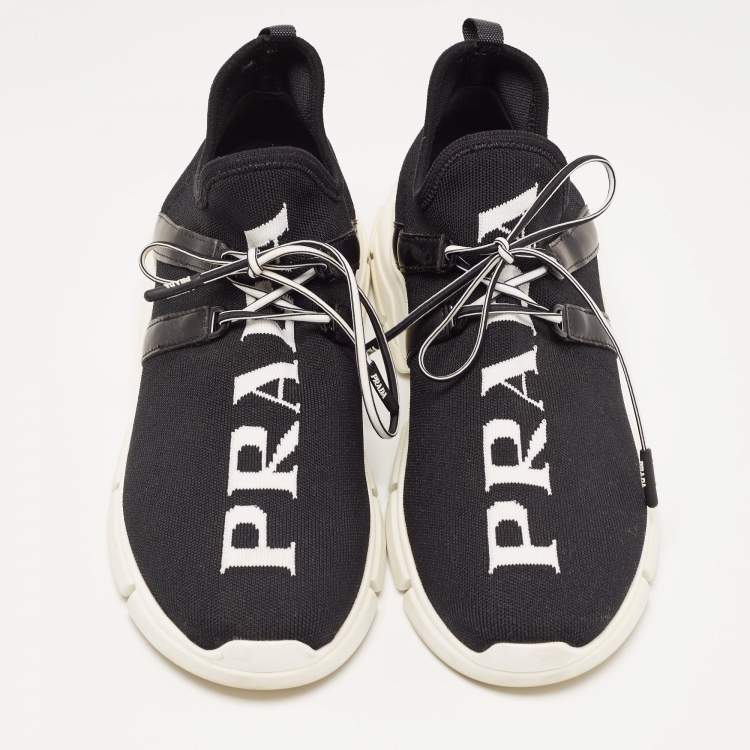 Pre Owned Prada Black Logo Knit Fabric Low Top Sneakers Size 38