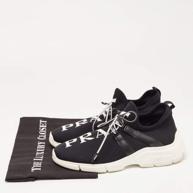 Pre Owned Prada Black Logo Knit Fabric Low Top Sneakers Size 38