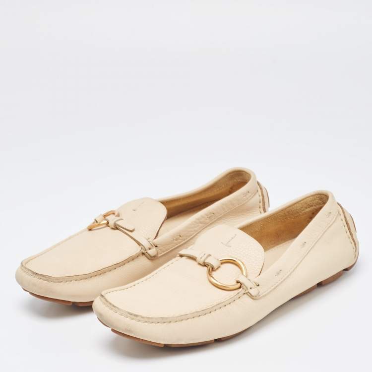 Pre Owned Prada Beige Leather Ring Buckle Loafers Size 38.5