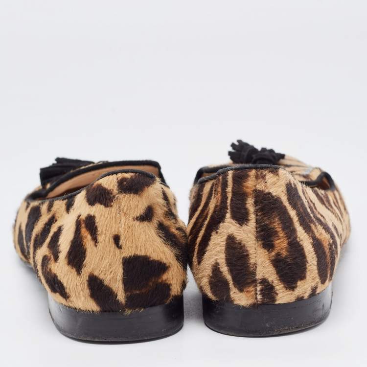 مملوكة مسبقًا Prada Beige/Brown Leopard Print Calf Hair Smoking Slippers Size 38.5
