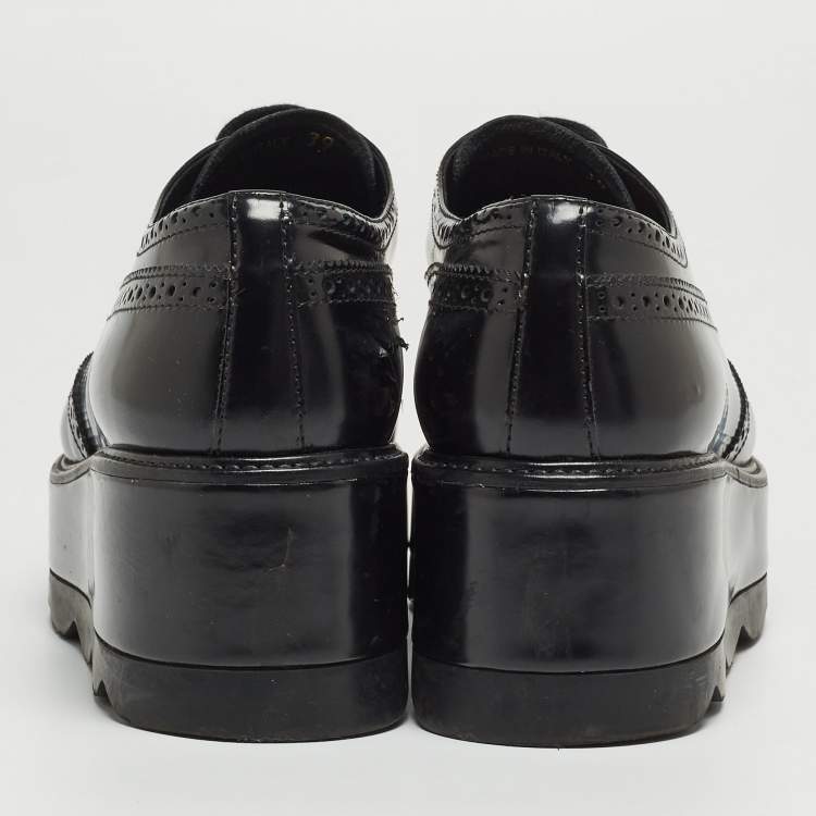 Pre Owned Prada Black Brogue Leather Platform Lace Up Wedge Platform Sneakers Size 39