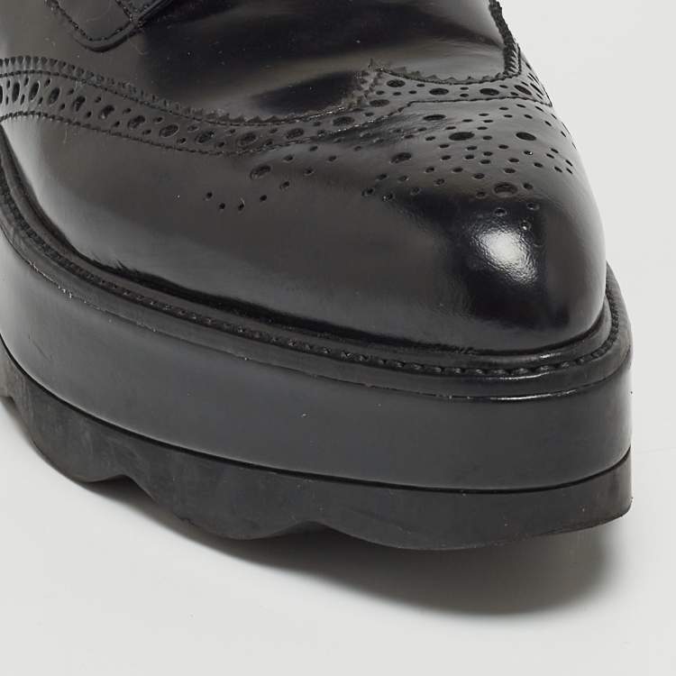 Pre Owned Prada Black Brogue Leather Platform Lace Up Wedge Platform Sneakers Size 39