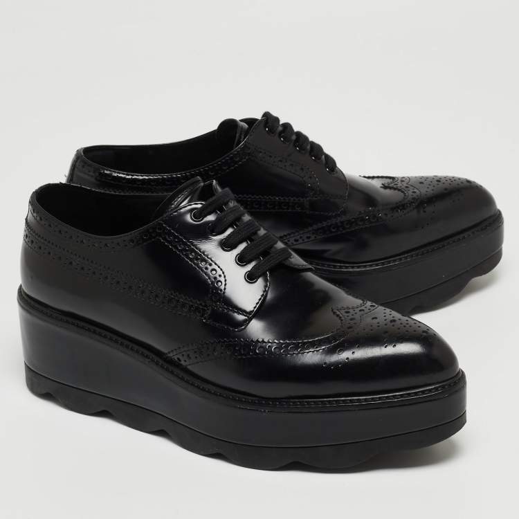Pre Owned Prada Black Brogue Leather Platform Lace Up Wedge Platform Sneakers Size 39
