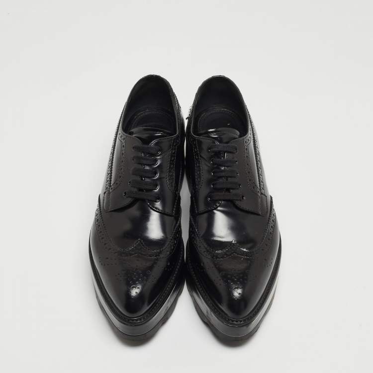 Pre Owned Prada Black Brogue Leather Platform Lace Up Wedge Platform Sneakers Size 39