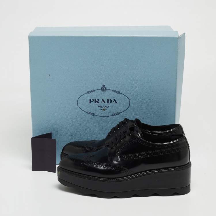 Pre Owned Prada Black Brogue Leather Platform Lace Up Wedge Platform Sneakers Size 39
