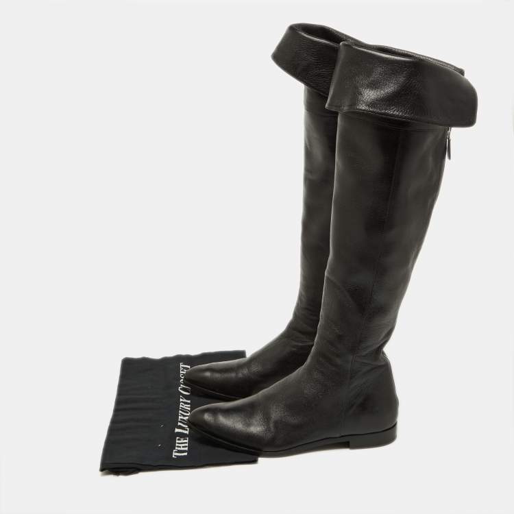 Pre Owned Prada Black Leather Knee Length Boots Size 38.5