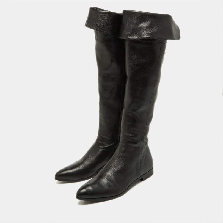Pre Owned Prada Black Leather Knee Length Boots Size 38.5