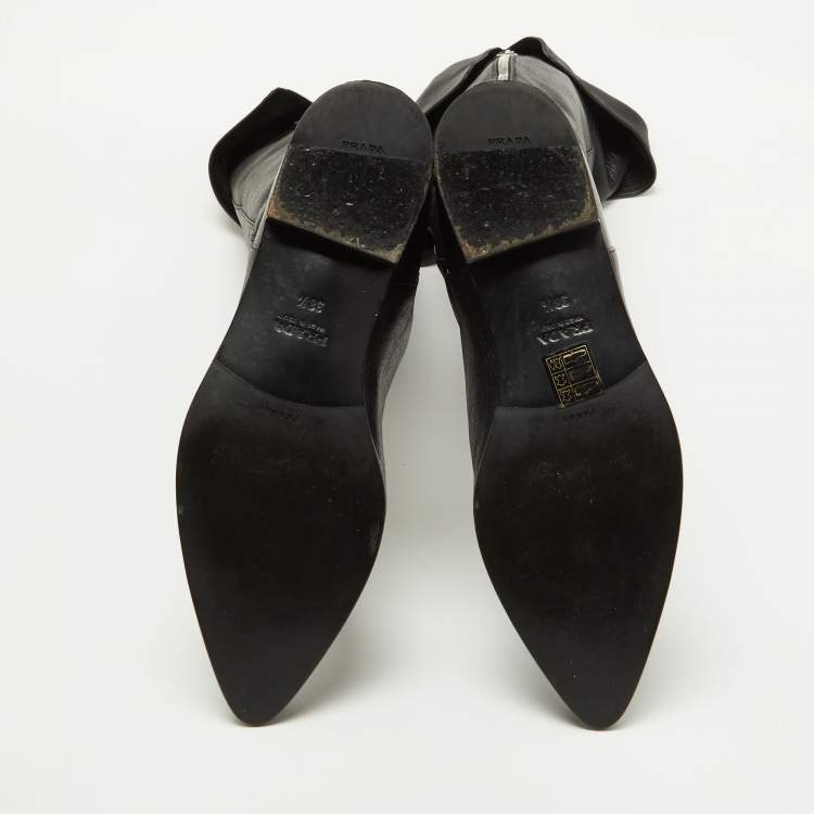 Pre Owned Prada Black Leather Knee Length Boots Size 38.5
