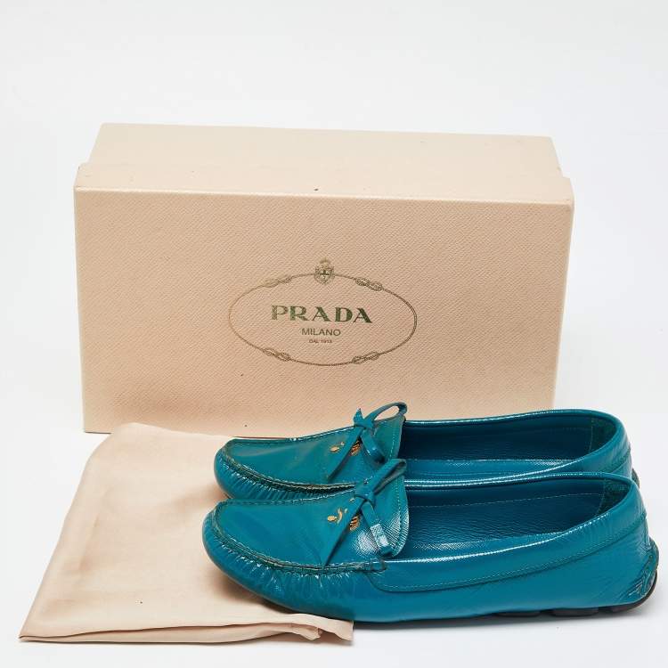 Pre Owned Prada Blue Patent Leather Slip On Loafers Size 38