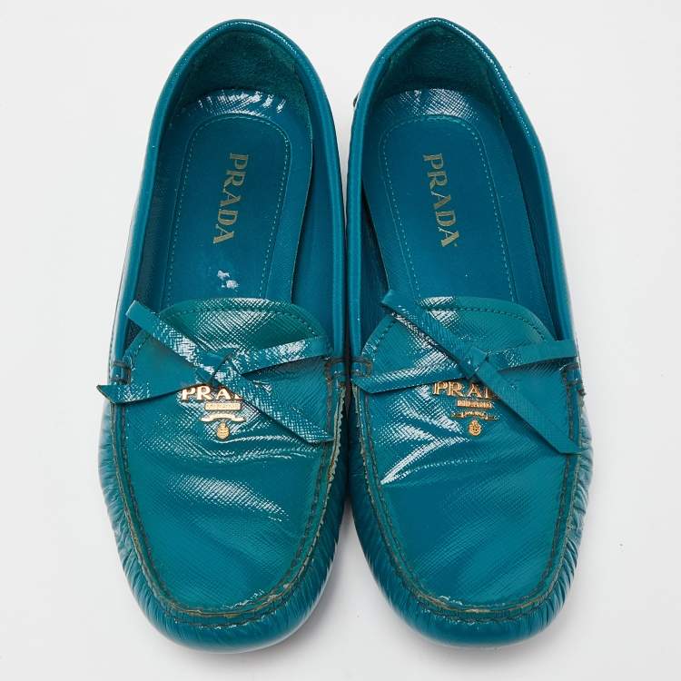 Pre Owned Prada Blue Patent Leather Slip On Loafers Size 38