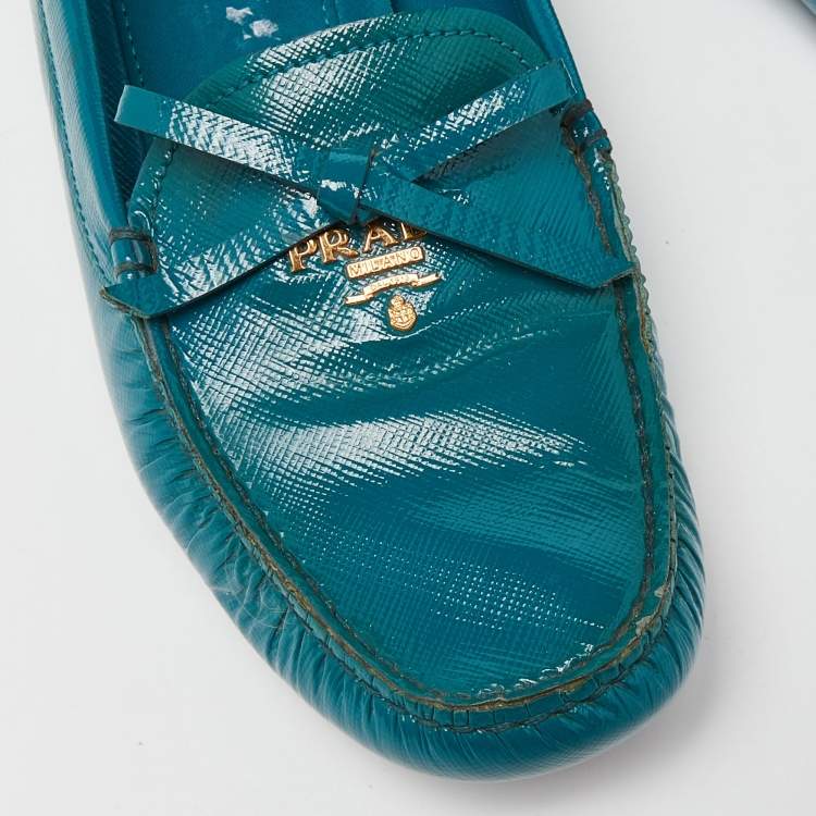 Pre Owned Prada Blue Patent Leather Slip On Loafers Size 38