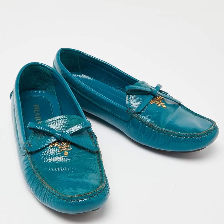 Pre Owned Prada Blue Patent Leather Slip On Loafers Size 38