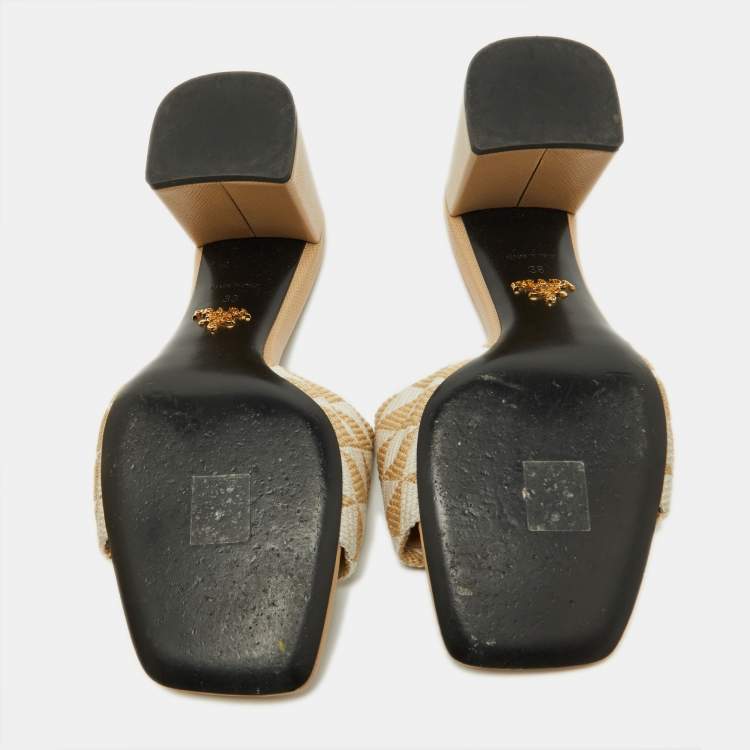 Pre Owned Prada Beige Jacquard Triangolo Slide Sandals Size 38