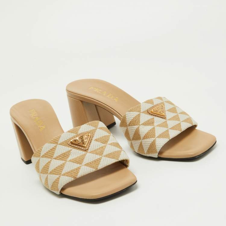 Pre Owned Prada Beige Jacquard Triangolo Slide Sandals Size 38