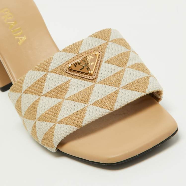 Pre Owned Prada Beige Jacquard Triangolo Slide Sandals Size 38