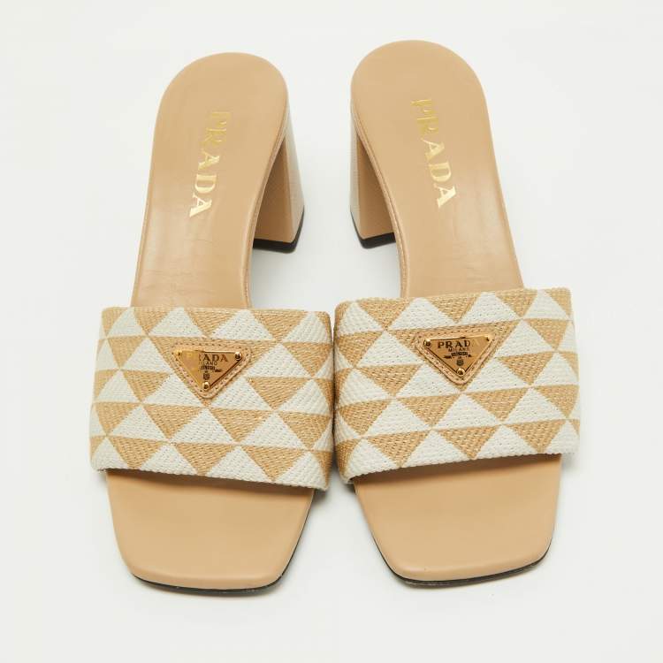 Pre Owned Prada Beige Jacquard Triangolo Slide Sandals Size 38
