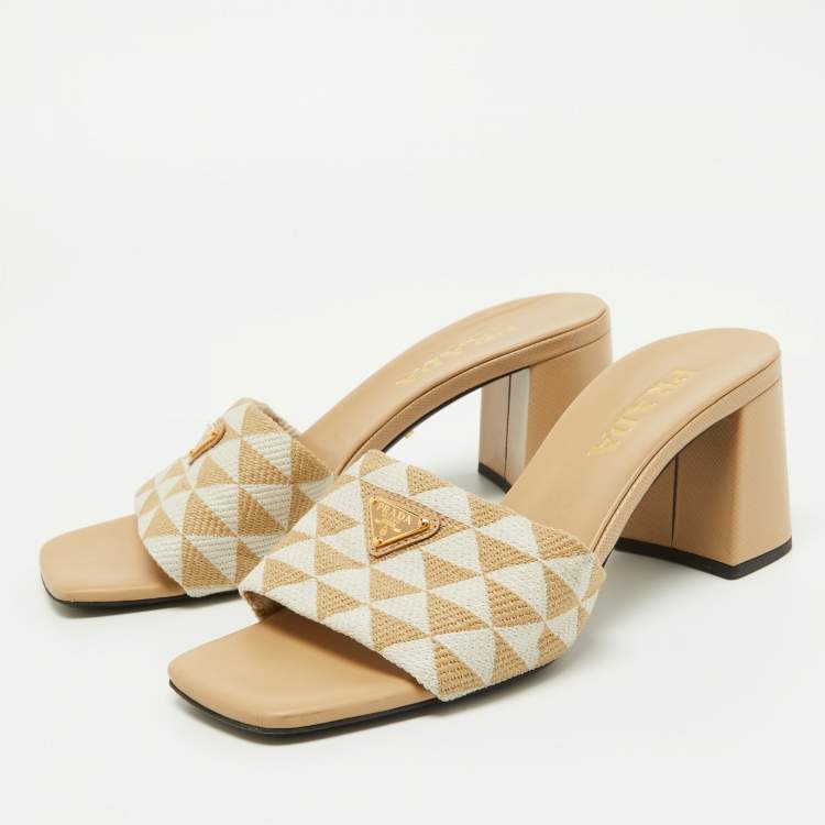 Pre Owned Prada Beige Jacquard Triangolo Slide Sandals Size 38