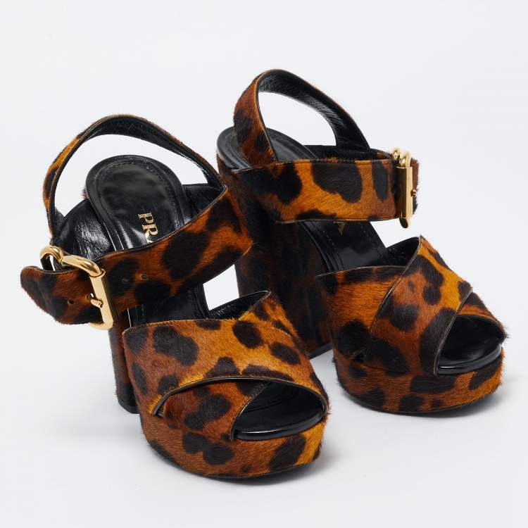 Pre Owned Prada Two Tone Leopard Print Calf Hair Platform Ankle Strap Sandals Size 36