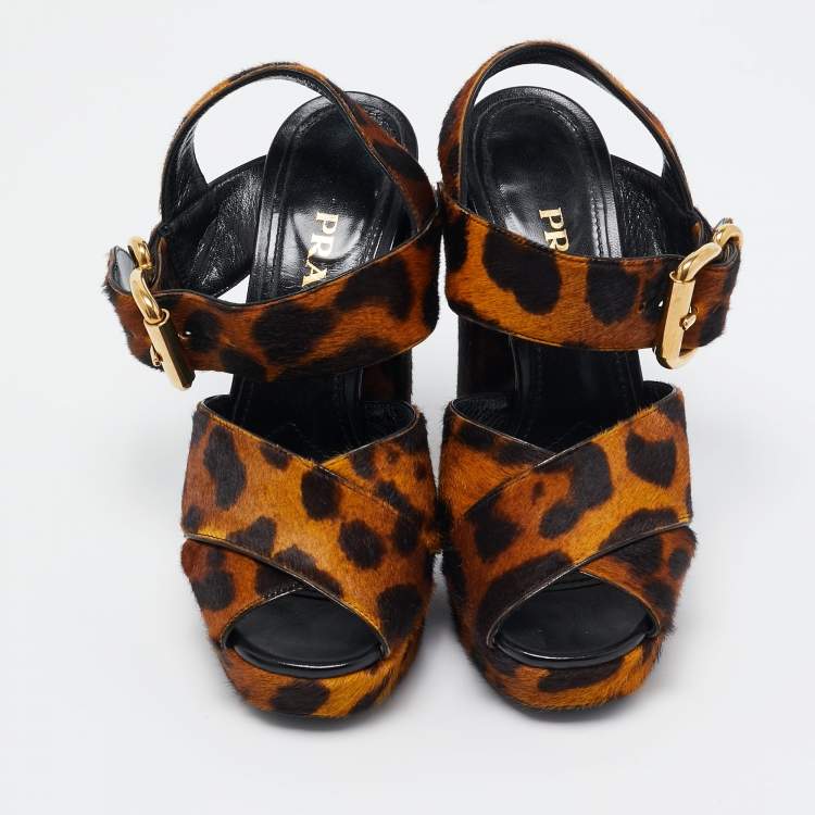 Pre Owned Prada Two Tone Leopard Print Calf Hair Platform Ankle Strap Sandals Size 36