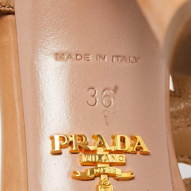 Pre Owned Prada Light Brown Leather Cut Out Platform Ankle Strap Sandals Size 36