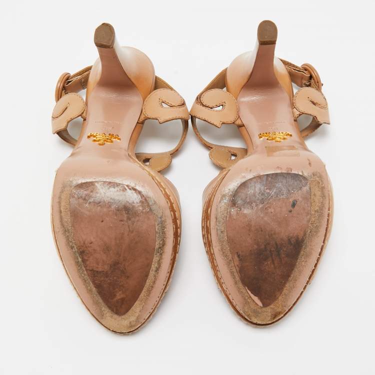 Pre Owned Prada Light Brown Leather Cut Out Platform Ankle Strap Sandals Size 36