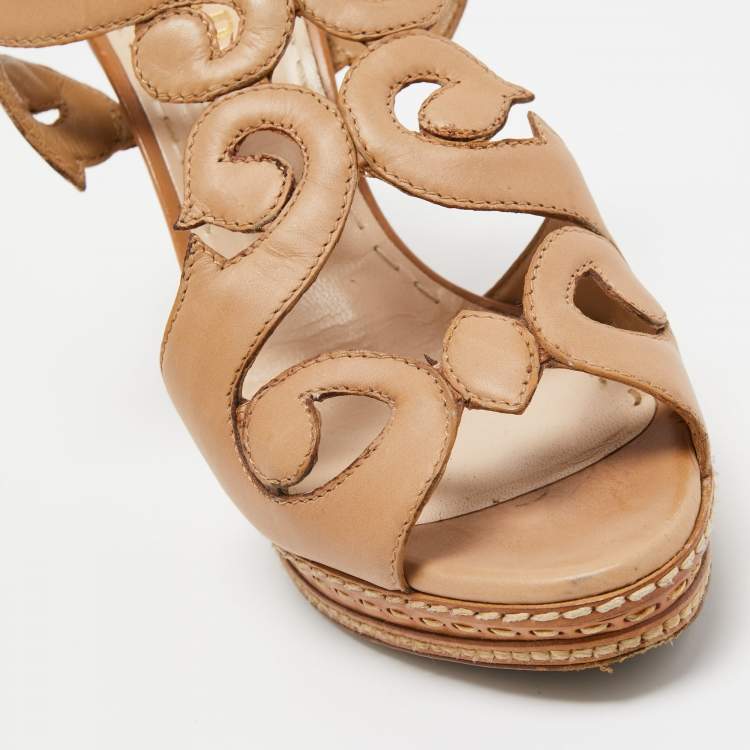 Pre Owned Prada Light Brown Leather Cut Out Platform Ankle Strap Sandals Size 36