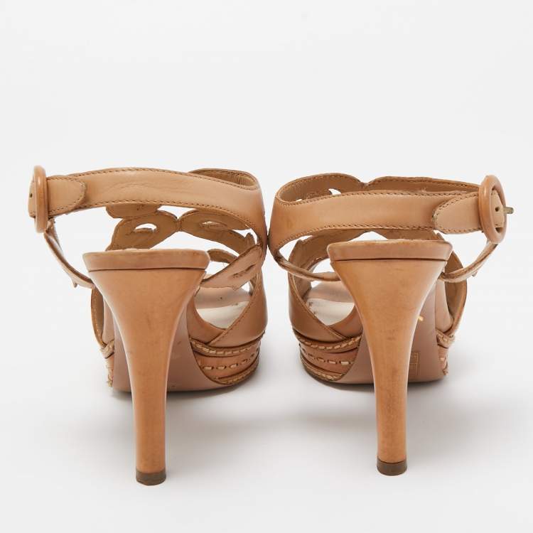 Pre Owned Prada Light Brown Leather Cut Out Platform Ankle Strap Sandals Size 36