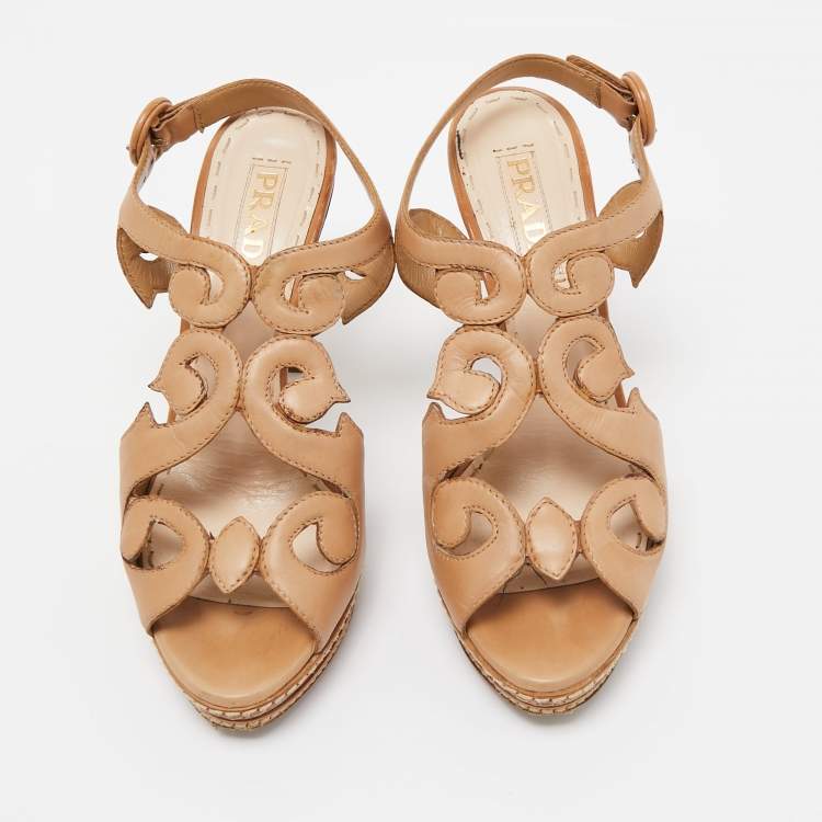 Pre Owned Prada Light Brown Leather Cut Out Platform Ankle Strap Sandals Size 36