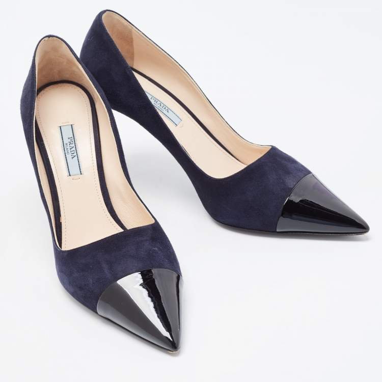 Pre Owned Prada Navy Blue/Black Suede and Patent Leather Pointed Toe Pumps Size 39.5