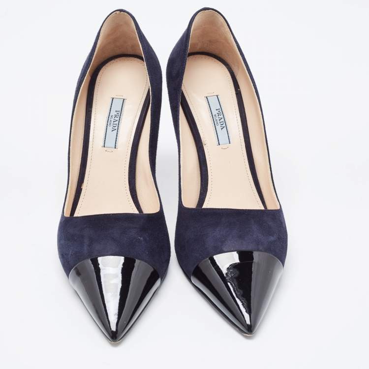 Pre Owned Prada Navy Blue/Black Suede and Patent Leather Pointed Toe Pumps Size 39.5