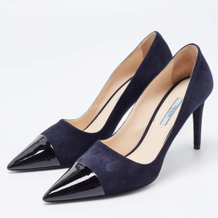 Pre Owned Prada Navy Blue/Black Suede and Patent Leather Pointed Toe Pumps Size 39.5