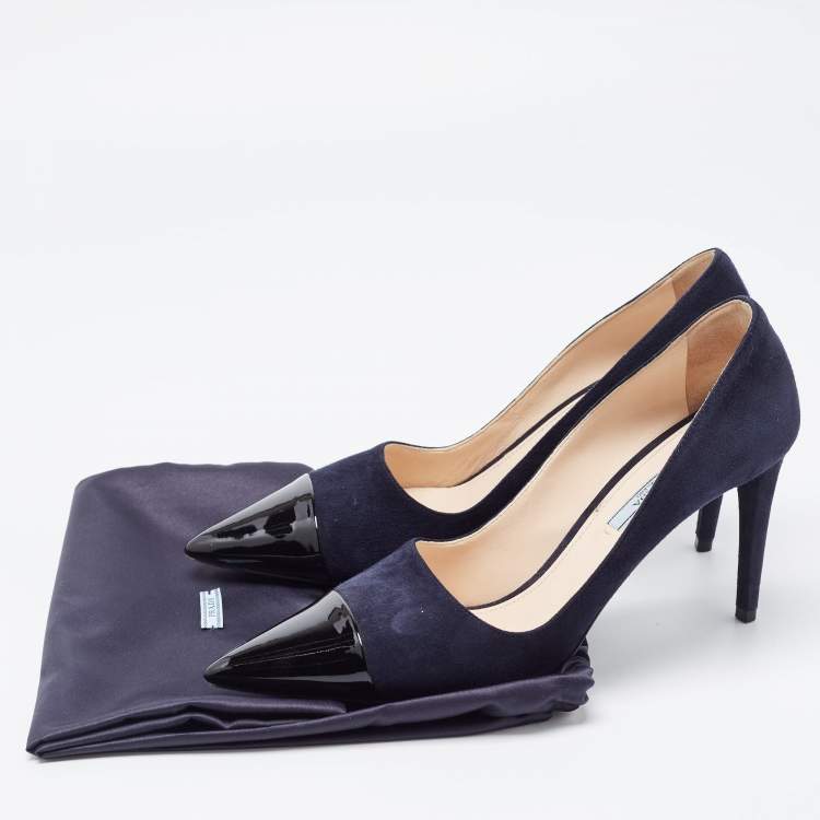 Pre Owned Prada Navy Blue/Black Suede and Patent Leather Pointed Toe Pumps Size 39.5