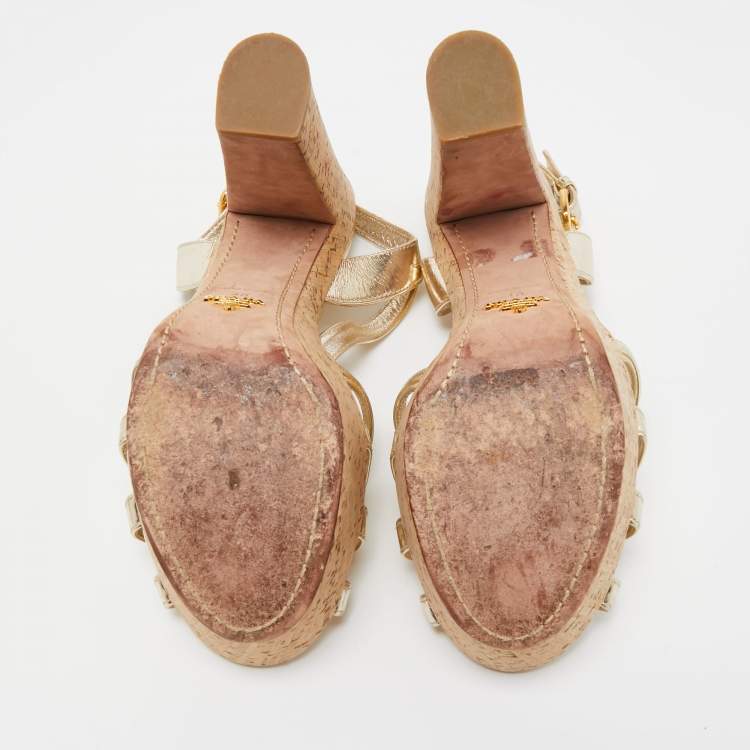 Pre Owned Prada Metallic Gold Leather Cork Waged Sandals Size 40