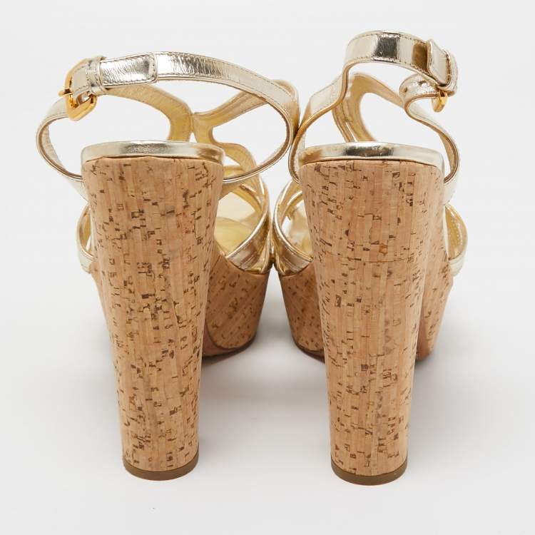 Pre Owned Prada Metallic Gold Leather Cork Waged Sandals Size 40