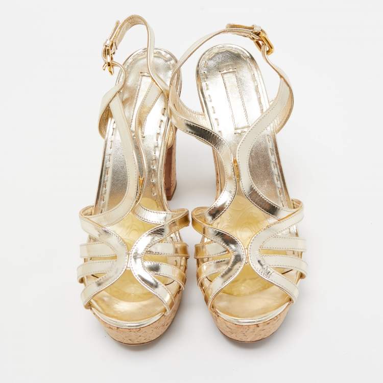 Pre Owned Prada Metallic Gold Leather Cork Waged Sandals Size 40
