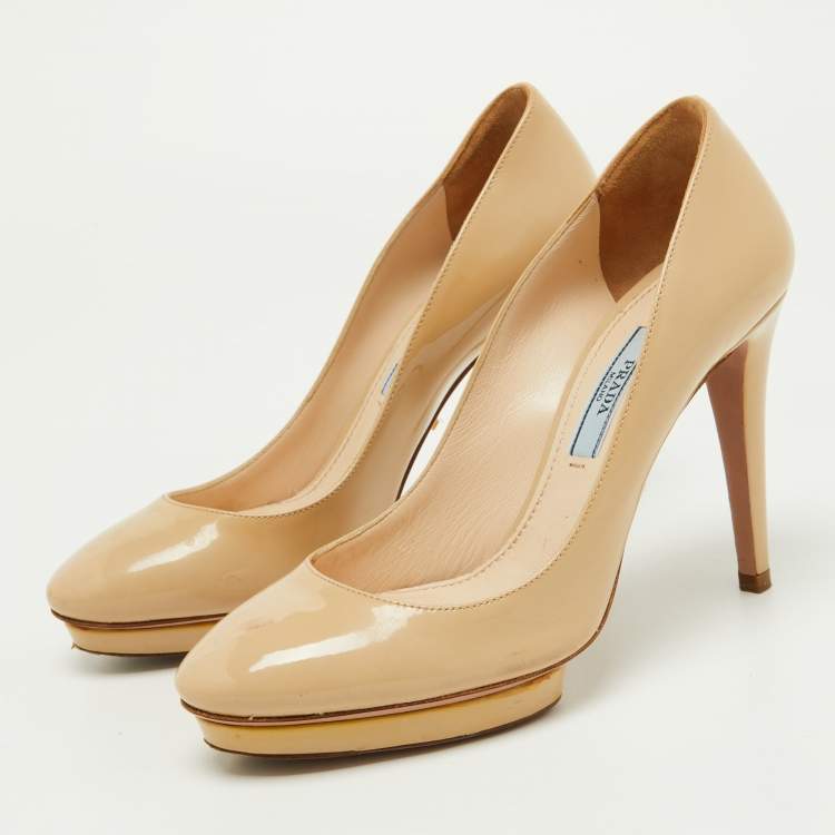 Pre Owned Prada Beige Patent Leather Platform Pumps Size 35